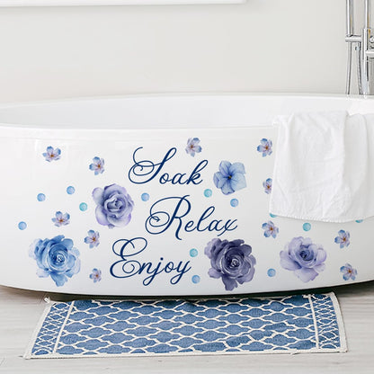 Soak Relax Enjoy Wall Sticker -Inspirational Quotes Decals, Waterproof Rose Flower Wall Art for Home Bathroom Decor 30 * 60 cm (Purple)