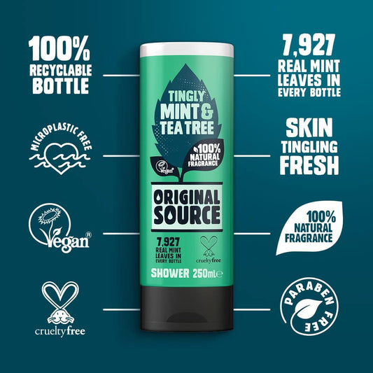 Original Source Mint and Tea Tree Shower Gel, 100 Percent Natural Fragrance, Vegan, Cruelty Free, Paraben Free, Bulk Buy, Pack of 6 x 250 ml