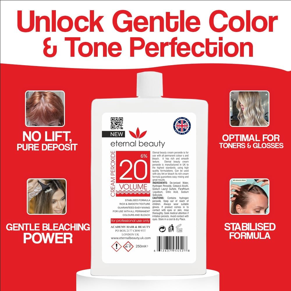 Creme Peroxide 6% (20 Volume) 250ml – Professional Hair Bleach Developer for Salon &amp; Home Use, Smooth Cream Formula for Safe, Even Lightening by Eternal Beauty