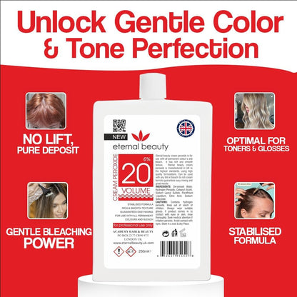 Creme Peroxide 6% (20 Volume) 250ml – Professional Hair Bleach Developer for Salon &amp; Home Use, Smooth Cream Formula for Safe, Even Lightening by Eternal Beauty