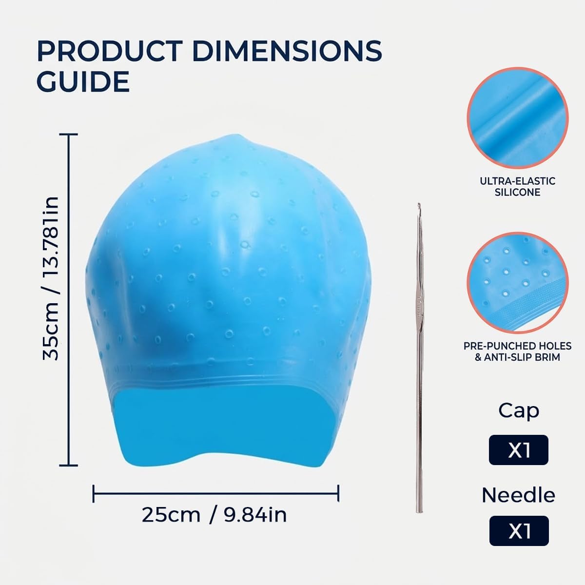 Blue Silicone Highlighting Cap Anti-Bleeding Snug Fit Hair Dyeing Kit with Hook Tool Reusable Pre-Pierced Holes Hair Colouring Hat for Accurate DIY Home Salon Results Professional Grade