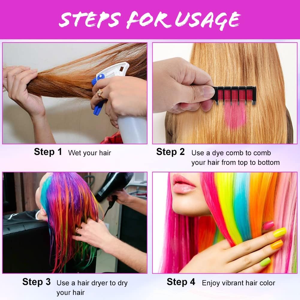 AOOWU 6 Color &amp; Hair Chalk Comb Set for Girls &amp; Kids, Safe Non-Toxic Washable Hair Dye Brush, Halloween New Year Party Cosplay