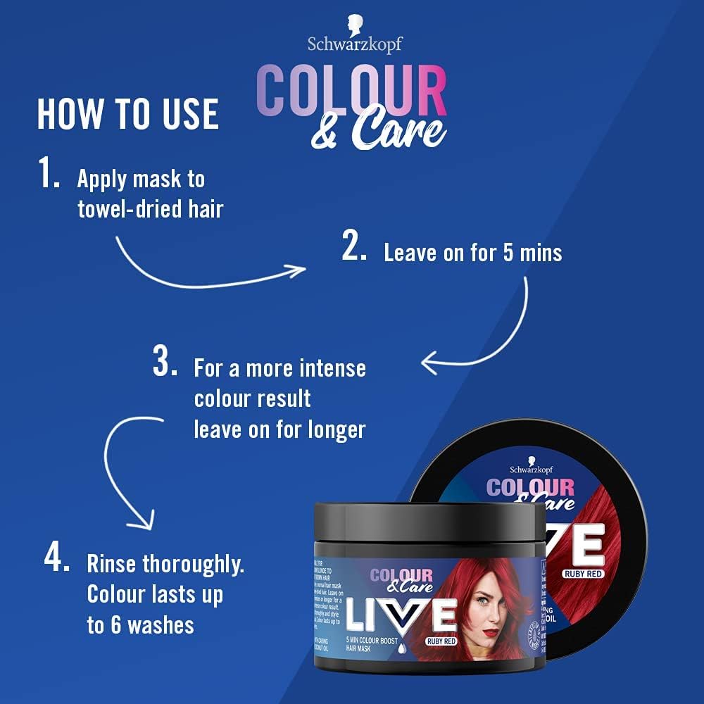 Schwarzkopf LIVE Colour &amp; Care Hair Mask, 5 Minute Wash Out Colour Boost, Semi-permanent Red Hair Dye, Lasts up to 6 Washes- Ruby Red, 150ml