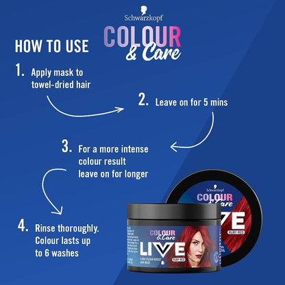 Schwarzkopf LIVE Colour &amp; Care Hair Mask, 5 Minute Wash Out Colour Boost, Semi-permanent Red Hair Dye, Lasts up to 6 Washes- Ruby Red, 150ml
