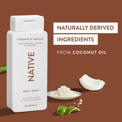 Native Shower Gel &amp; Body Wash for Women &amp; Men - Free of Sulphates &amp; Dyes - Coconut &amp; Vanilla Scent Body Soap - Gently Cleanses with Plant-Based ingredients (532ml)