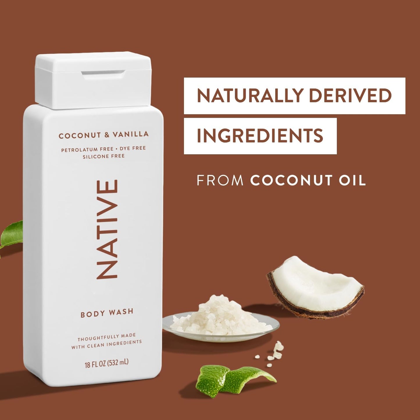 Native Shower Gel &amp; Body Wash for Women &amp; Men - Free of Sulphates &amp; Dyes - Coconut &amp; Vanilla Scent Body Soap - Gently Cleanses with Plant-Based ingredients (532ml)
