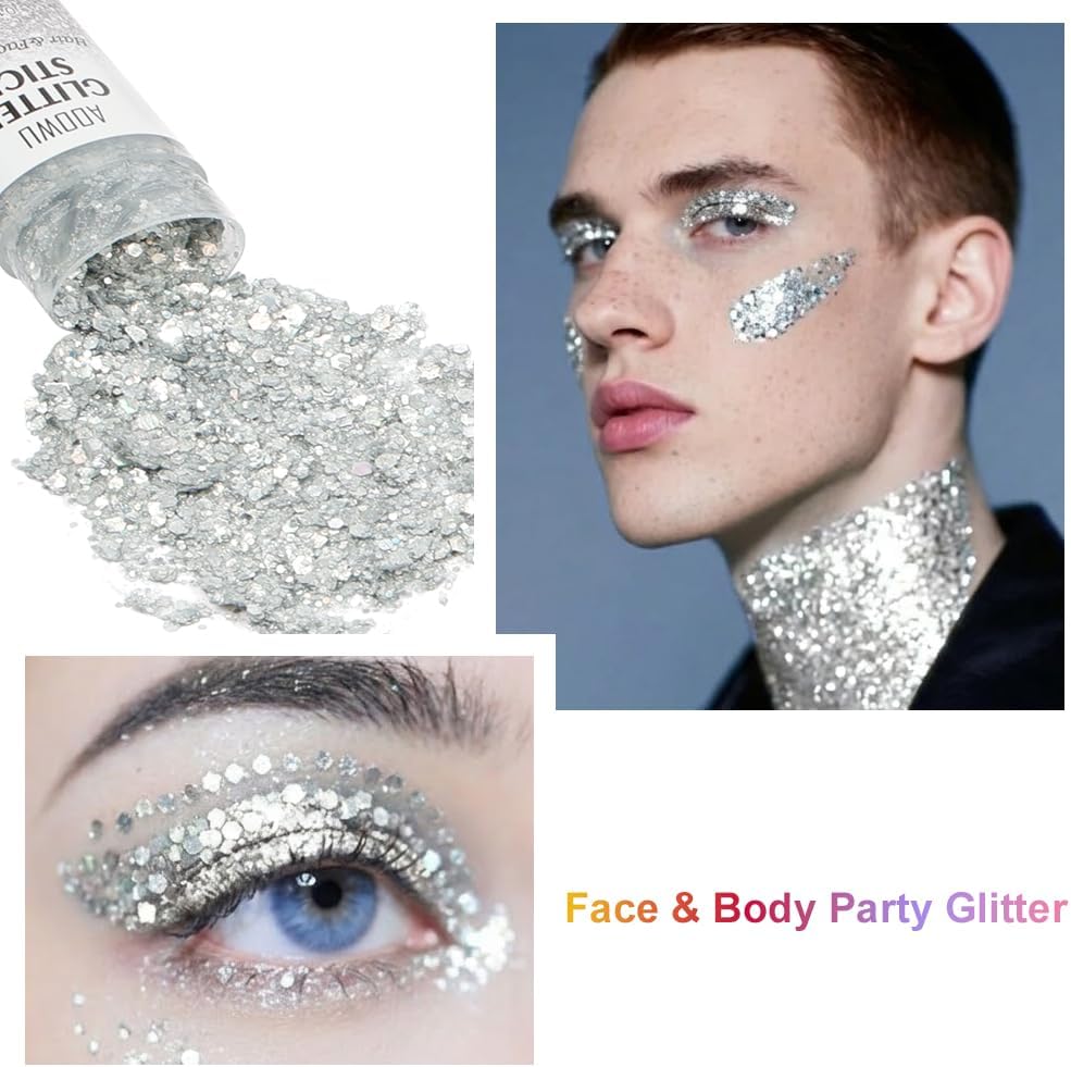 AOOWU Body Glitter Stick, Holographic Chunky Glitter Gel for Face Body Hair, Waterproof Long Lasting Shimmer Sparkle Makeup, Festival Rave Party Carnival Cosplay Accessories,Silver