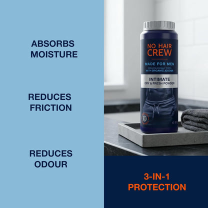 NO HAIR CREW Intimate Powder for Men 100 g – Fights Sweat, Odour &amp; Chafing | Helps prevent irritation &amp; moisture. Talc-free body powder for groin, intimate area &amp; inner thighs. Long-lasting freshness.