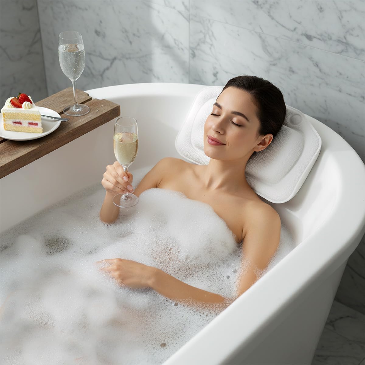 Soft PVC Waterproof Bath Pillow for Tub, Ergonomic Neck &amp; Back Support Cushion with 3 Suction Cups for Home Relaxation (White)