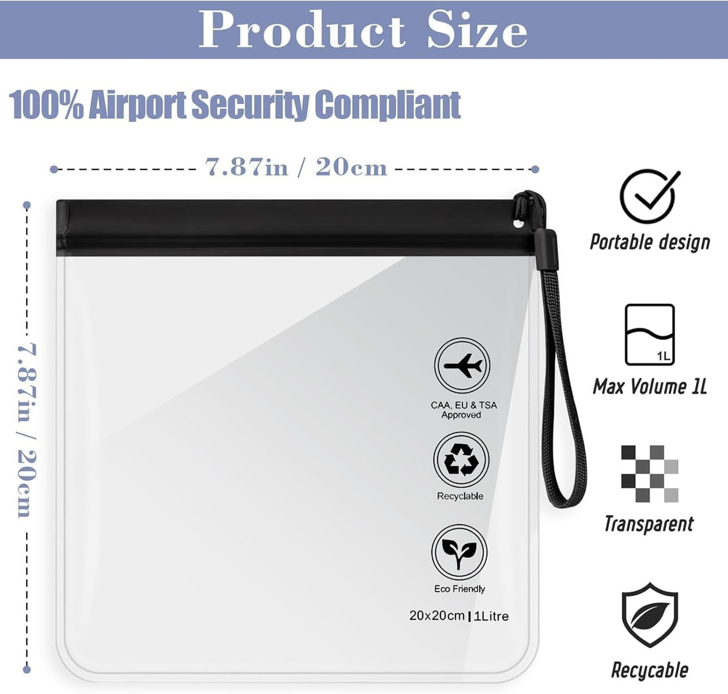 Caija-H 5pcs Clear Travel Toiletry Bag - Airport Security Liquids Bags, Airport Liquid Bag 20 x 20cm TSA Approved, Travel Accessories/Holiday Essentials Makeup Bags/HangLuggage for Men Women