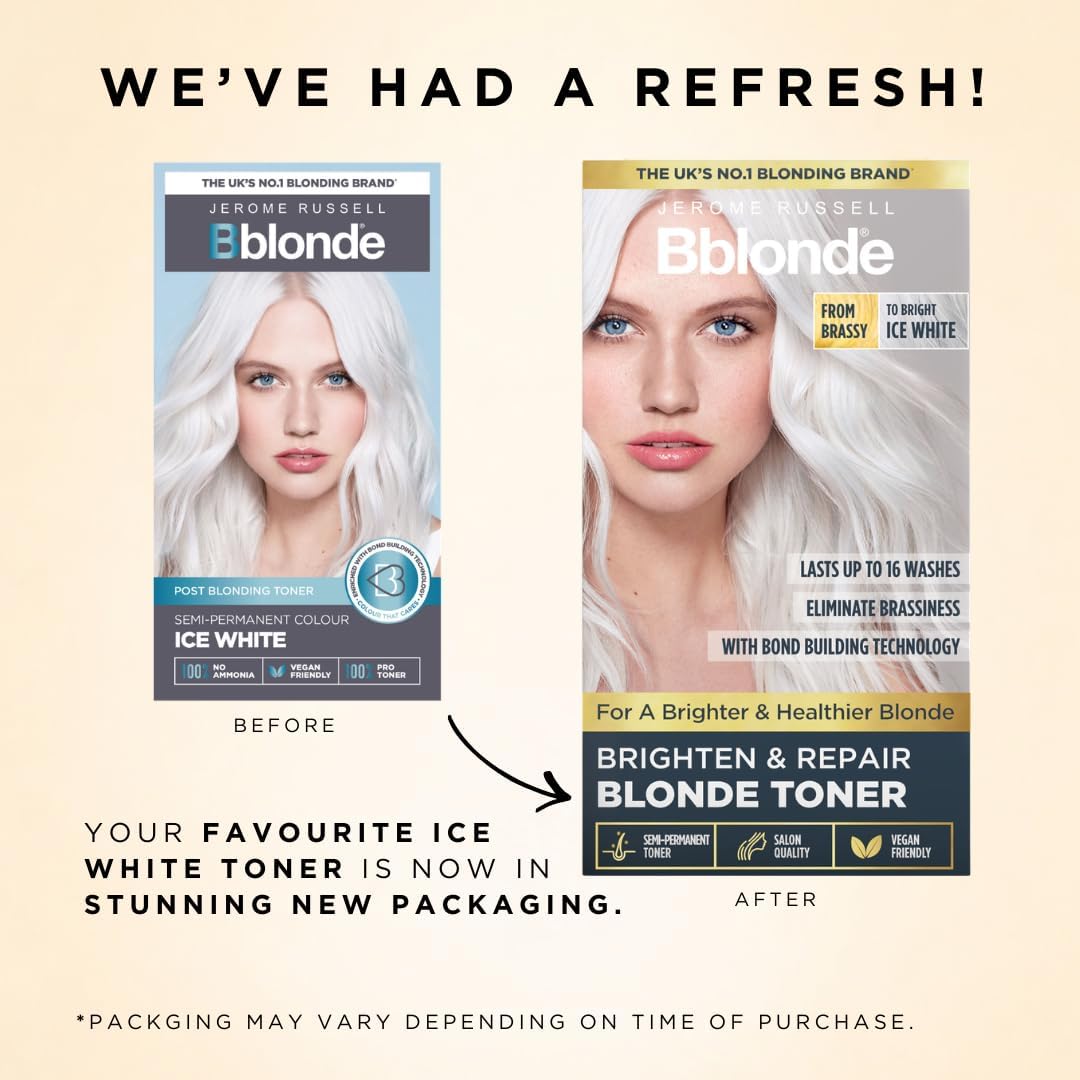 Jerome Russell Bblonde Brighten &amp; Repair ICE WHITE Toner | 150ml | Neutralises Brassiness | Bright Ice White Blonde Results | Bond-Building Care | Ammonia-Free | Vegan Formula