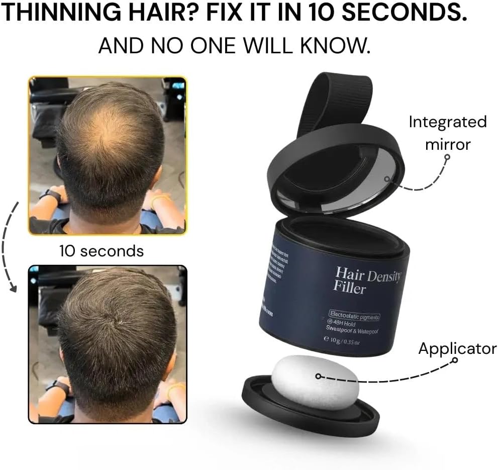 hairo Hair Density Filler, Hairline Powder Root Touch Up for Thinning Hair Coverage, Hair Fibre Waterproof Effect, Bald Spot Concealer for Women Men, Dark Brown Instant Blend with Puff Mirror