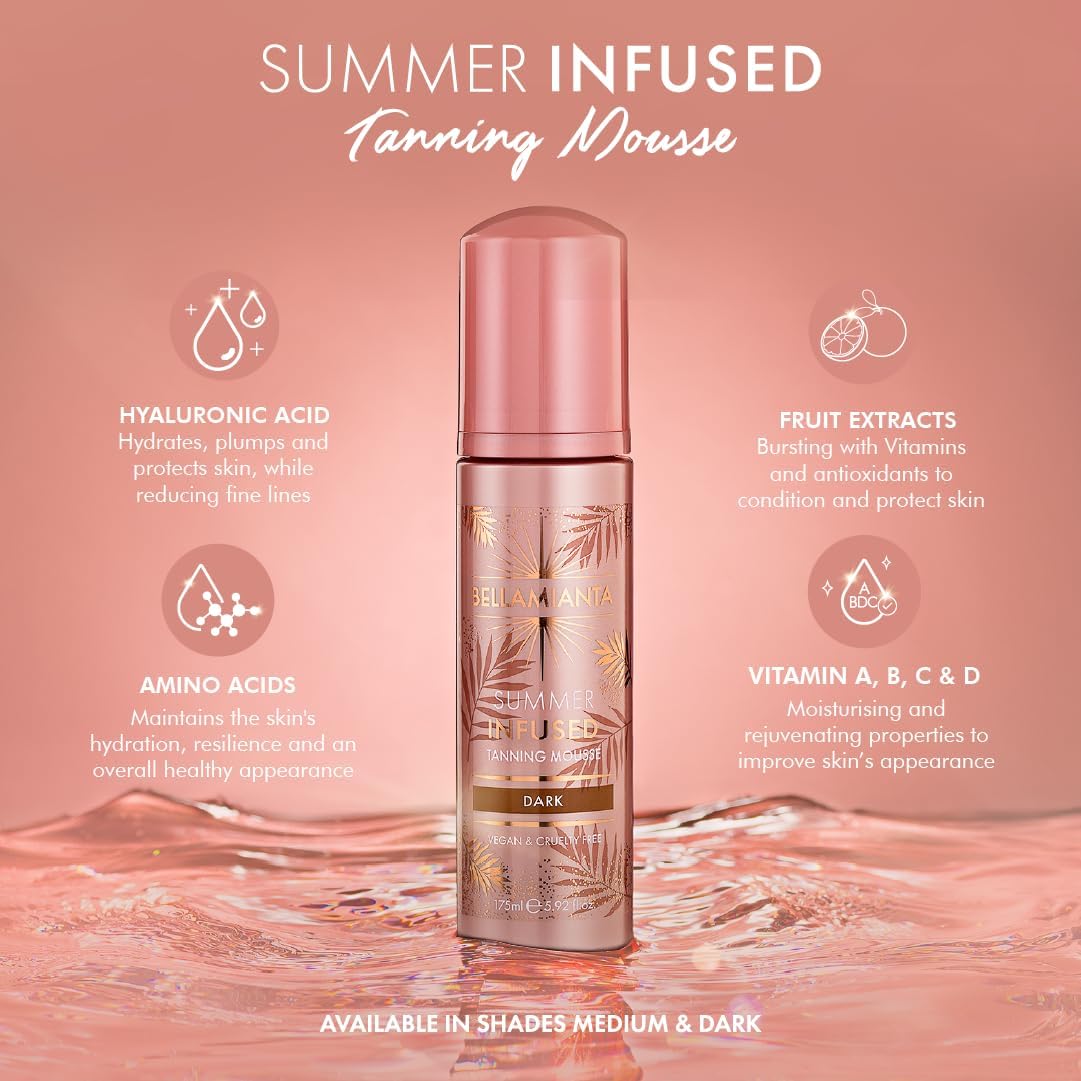 Bellamianta Summer Infused Luxury Tanning Mousse, Hyaluronic Acid and Superfruit Formula, Medium Tone, Vegan &amp; Cruelty-Free, 175ml (Pack of 2)