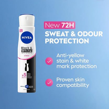 NIVEA Black &amp; White Invisible Anti-Perspirant Spray Pack of 6 (6 x 250ml), 72hr Anti-Sweat Women's Deodorant Spray, No Stains on Black and White ClothesVisit the NIVEA Store