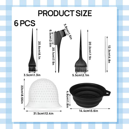 6 PCS Silicone Highlighting Cap and Hook Kit with 3 Brushes, Coloring Hook Needle Dye Bowl, Reusable Hair Highlighting Kit for Color Hair Hairdressing Dyeing Staining Tools for Women Men