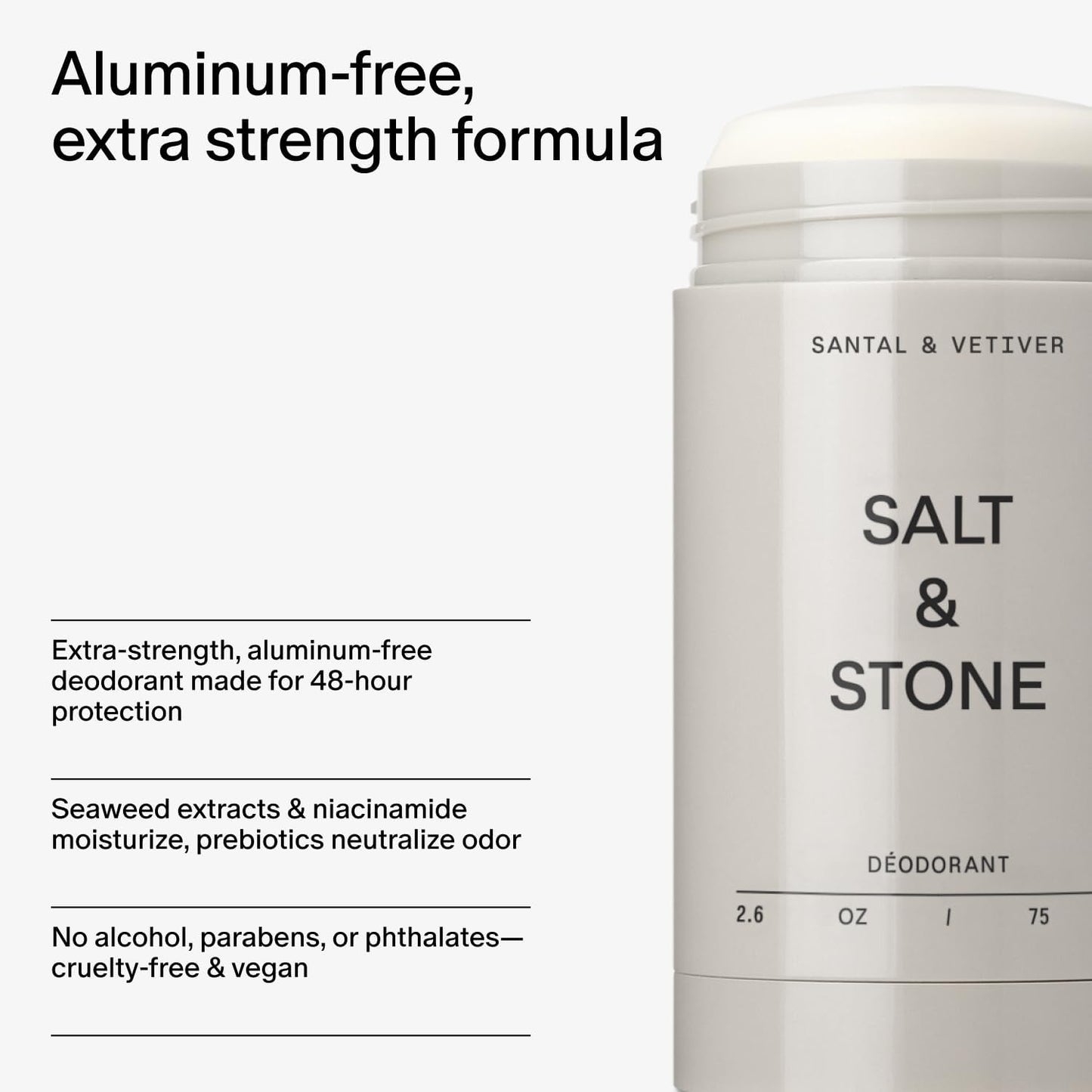 SALT &amp; STONE Natural Deodorant - Santal | Extra Strength Natural Deodorant for Women &amp; Men | Aluminum Free with Probiotics, Seaweed Extracts &amp; Shea Butter (2.6 oz)