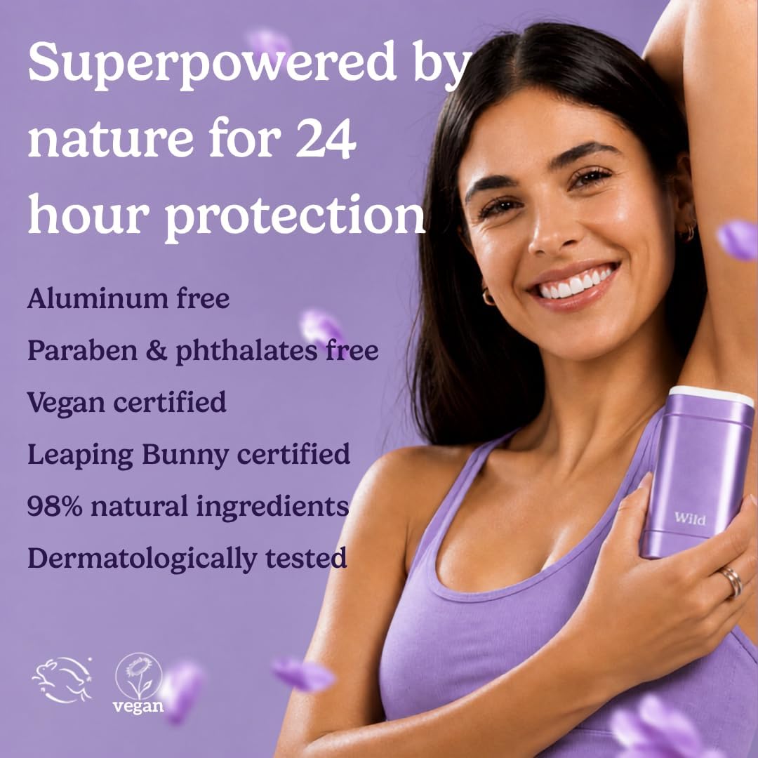 Wild Aluminium Free Natural Deodorant Starter Kit - Refillable Purple Case - Natural Ingredients &amp; 24 Hour Odour Protection - Women's - Fresh Scents Variety Pack - Case + 3 Refills