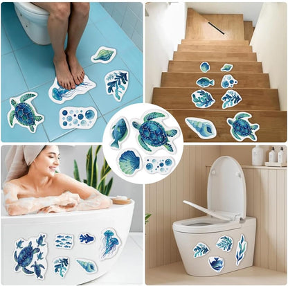 28Pcs 28 Style Large Bathtub Stickers Blue Ocean Theme Design, Shower Floor Anti Slip Decals Sea Turtle Jellyfish Fish Self Adhesive Safety Grips with Scraper for Tub Tiles Bathroom Decor