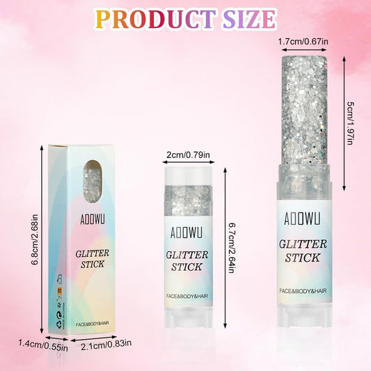 AOOWU Body Glitter Stick,Sparkling Chunky Glitter Gel for Face Body Hair, Holographic Sequins Waterproof &amp; Long Lasting Festival Makeup, Carnival Festival Party Cosplay Accessories,Silver