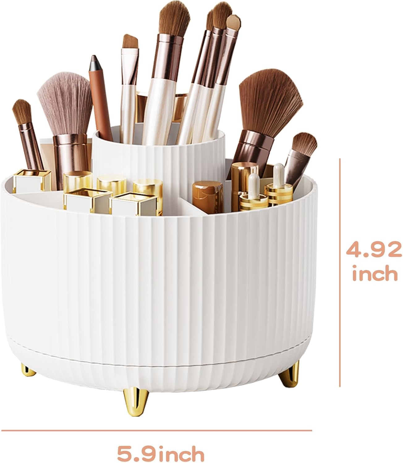 fanado 360° Rotating Makeup Organiser, Makeup Brush Holder, 5 Compartment Makeup and Skincare Storage for Vanity, Desktop, Bathroom (White)