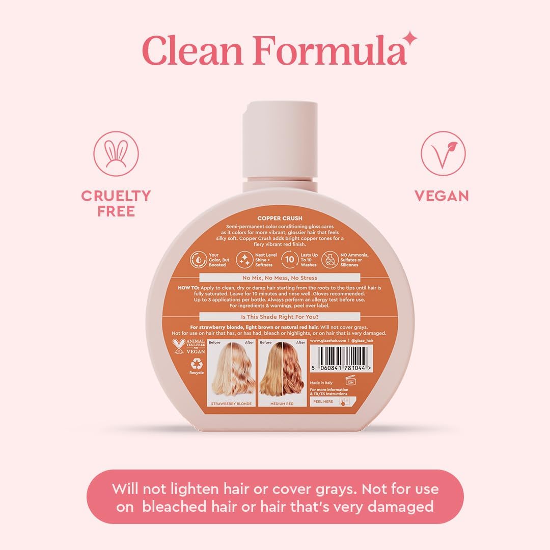 Glaze Supergloss Color Conditioning Gloss – Hydrating Semi-Permanent Color Hair Gloss &amp; Shine Boost – Color Depositing Mask - Vegan, Cruelty-Free – 190ml - Copper Crush - Bright Copper