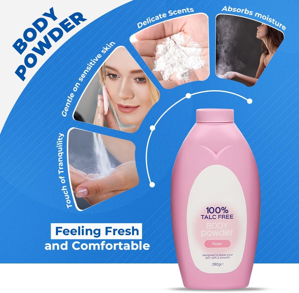 Body Powder Talc Free 250g Rose &amp; Lavender Scents Talc Free Body Powder for Women &amp; Men Silky Smooth Skin Vegan, Moisture-Absorbing Formula for Softness &amp; Freshness