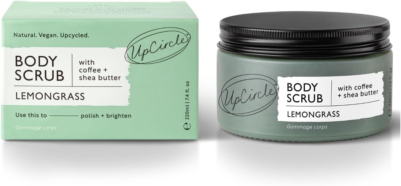 UpCircle Exfoliating Coffee Body Scrub with Lemongrass 220ml - Sea Salt, Shea Butter + Coconut Oil - Exfoliates Your Skin + Improves Circulation - Natural, Vegan Exfoliator For Soft, Smooth Skin