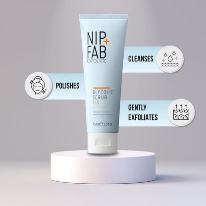 NIP + FAB Glycolic Fix Scrub – 3% Glycolic Acid (AHA) and 1% Salicylic Acid (BHA) Exfoliating Face Scrub for Brightening, Resurfacing and Deep Pore Cleansing, 75ml