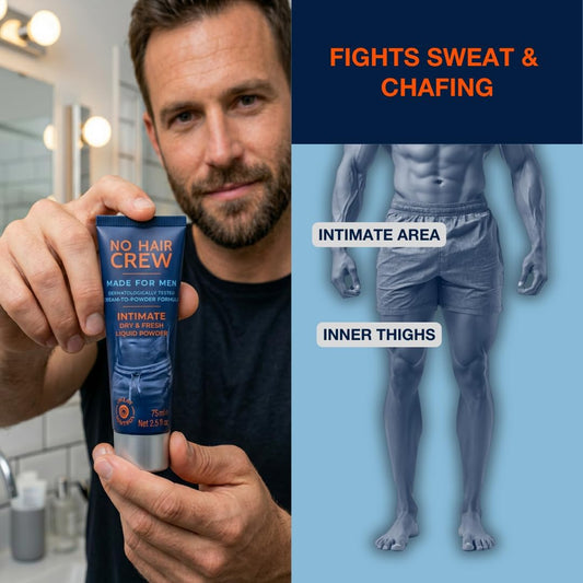 NO HAIR CREW Liquid Intimate Powder for Men 75 ml – Cream-to-Powder Formula | Helps reduce sweat, odour and chafing. Talc-free body powder for groin, intimate areas and inner thighs. No dust. No mess.