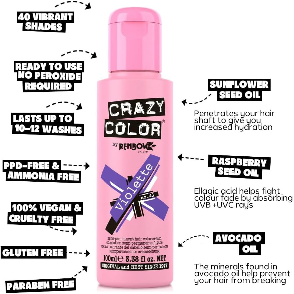 Crazy Color Vibrant Violette Semi-Permanent Hair Dye. Highly Pigmented Deep Purple Conditioning &amp; Oil Nourishing Vegan Formula | No Bleach or Ammonia | 100ml