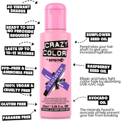 Crazy Color Vibrant Violette Semi-Permanent Hair Dye. Highly Pigmented Deep Purple Conditioning &amp; Oil Nourishing Vegan Formula | No Bleach or Ammonia | 100ml