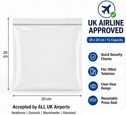 Airport Security Liquids Bags, 6 Pack 20 x 20cm Airline Approved Clear Bags for Hand Luggage