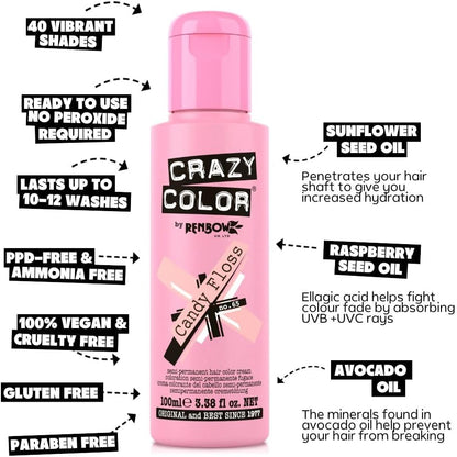 Crazy Color Vibrant Candy Floss Semi-Permanent Hair Dye. Highly Pigmented Pastel Pink Conditioning &amp; Oil Nourishing Vegan Formula | No Bleach or Ammonia | 100ml
