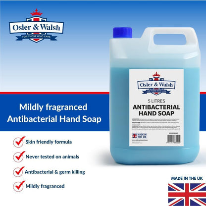Osler &amp; Walsh 5 Litre Antibacterial Blue Hand Soap, Lightly Fragranced Hand Wash for Home, School and the Workplace. Hydrates &amp; Softens Skin, Non-Sticky Liquid Hand Soap Protects Skin From Dryness