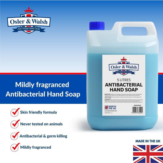 Osler &amp; Walsh 5 Litre Antibacterial Blue Hand Soap, Lightly Fragranced Hand Wash for Home, School and the Workplace. Hydrates &amp; Softens Skin, Non-Sticky Liquid Hand Soap Protects Skin From Dryness