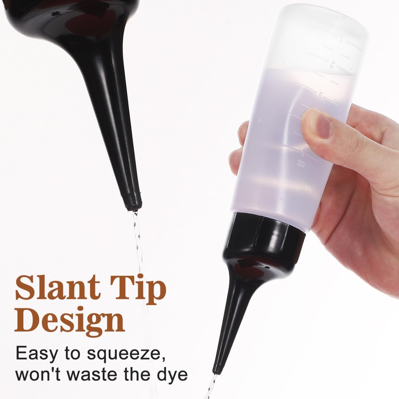 ULTECHNOVO Hair Applicator Bottle 5 oz, Oil Dispenser Squeeze Container 20cm 1Pcs, Clear Measurement Scale Graduated Bottle, Angled Tip Scalp Mechanism for Daily Salon Home Treatment