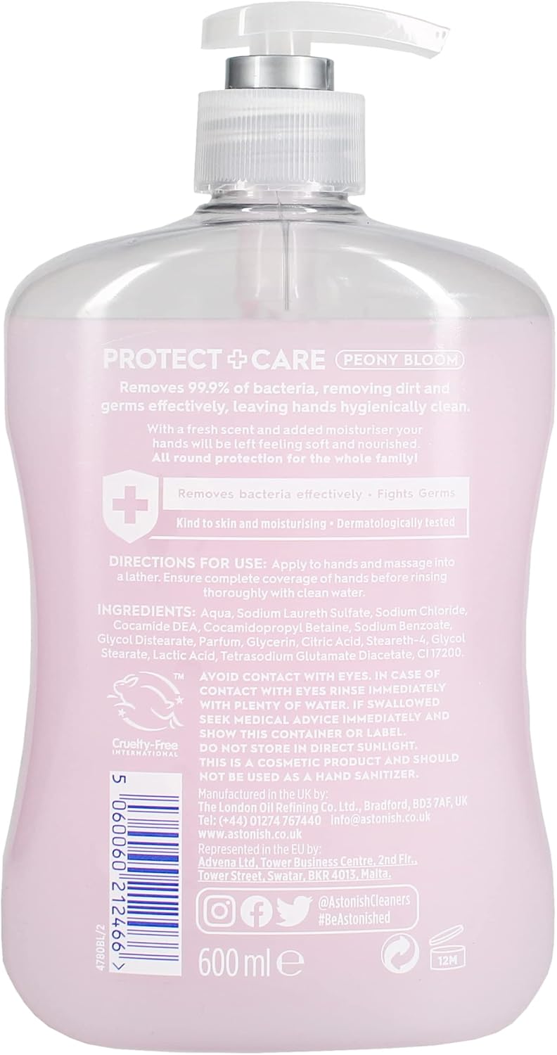 Astonish Protect and Care Kind to Skin Moisturising Anti-Bacterial Hand Wash Soap, Peony Bloom, 600ml