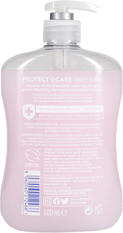 Astonish Protect and Care Kind to Skin Moisturising Anti-Bacterial Hand Wash Soap, Peony Bloom, 600ml
