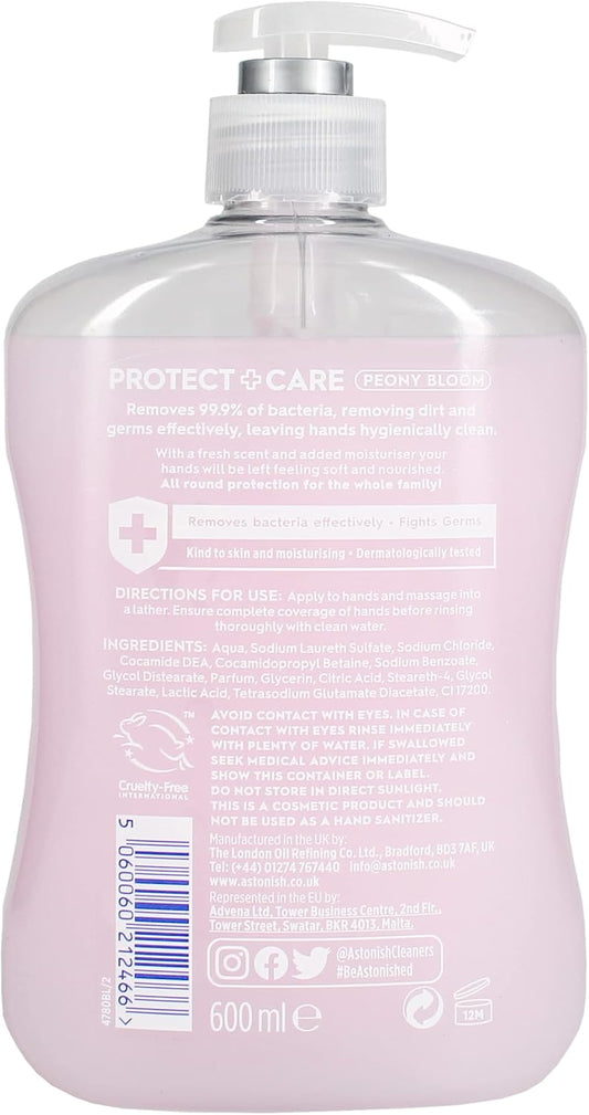 Astonish Protect and Care Kind to Skin Moisturising Anti-Bacterial Hand Wash Soap, Peony Bloom, 600ml