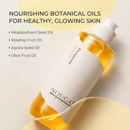 NOUGAT Pampered Shower Oil for Daily Bath Routine, Transforming Oil-to-Milk Body Cleanser for Makeup &amp; Sunscreen Removal, Hydrating Botanical Wash for Dry Skin Relaxation at Home, Exotic Scent, 372g