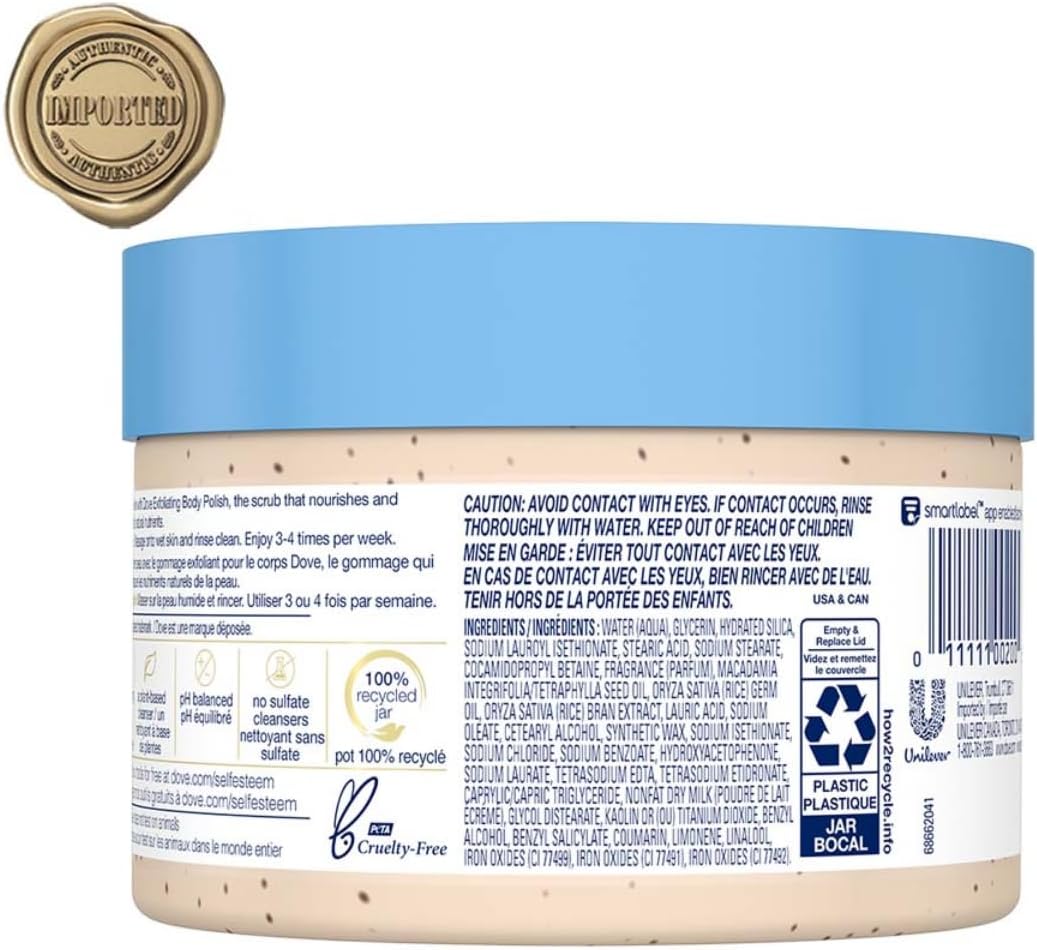 Dove Exfoliating Body Polish Body Scrub, Macadamia &amp; Rice Milk, 10.5 oz