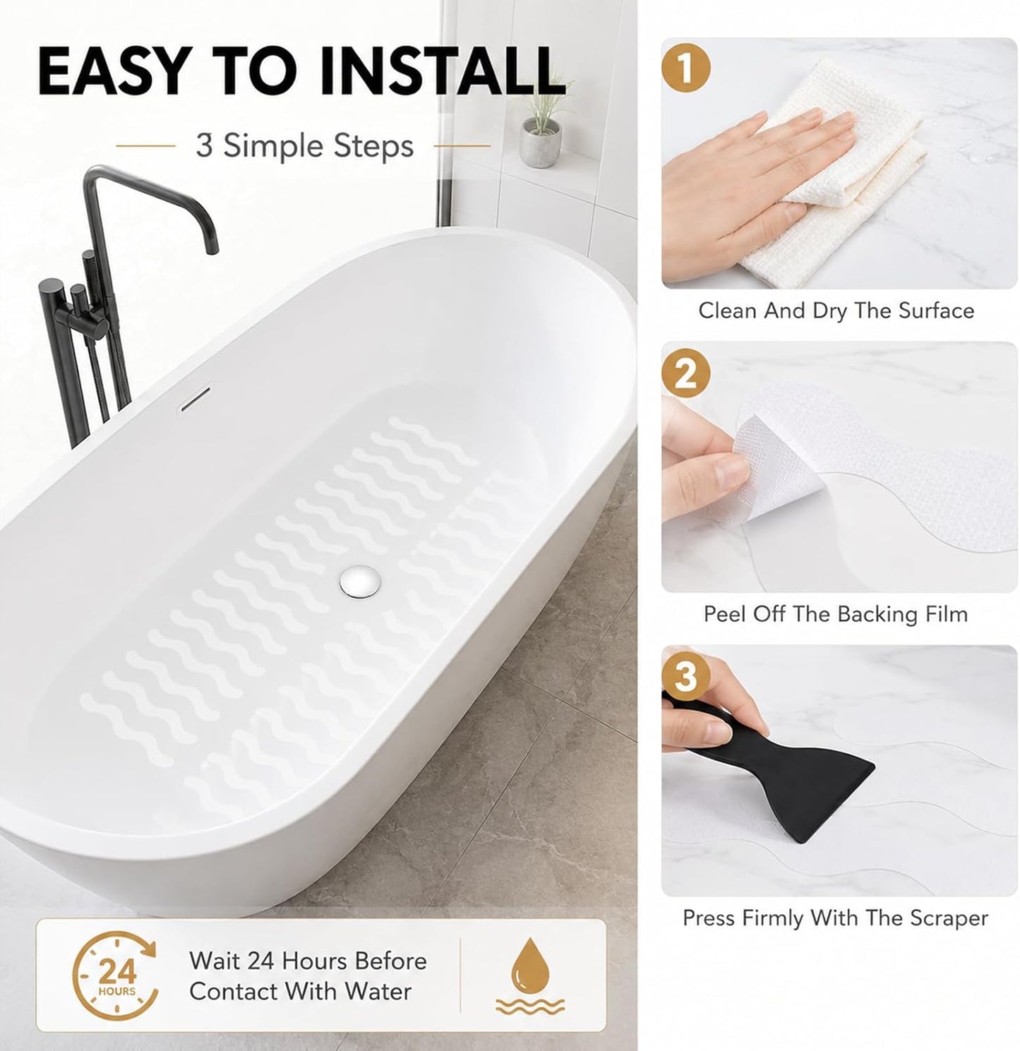 36PCS Non Slip Bath Stickers, S-Wave Anti Slip Shower Stickers for Safety, Transparent Self-Adhesive Bathtub Strips for Bathroom, Stairs, Wet Floors, Kitchen - Includes Scraper