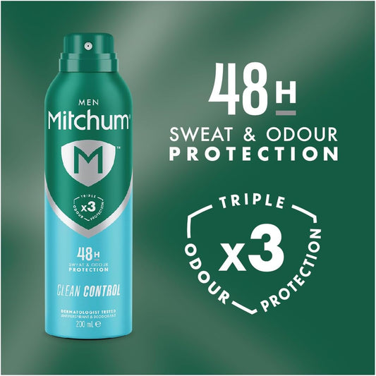 Mitchum Men Triple Odor Defense 48HR Protection Deodorant Spray &amp; Antiperspirant (200ml) Clean Control, Dermatologist Tested (Packaging may vary)