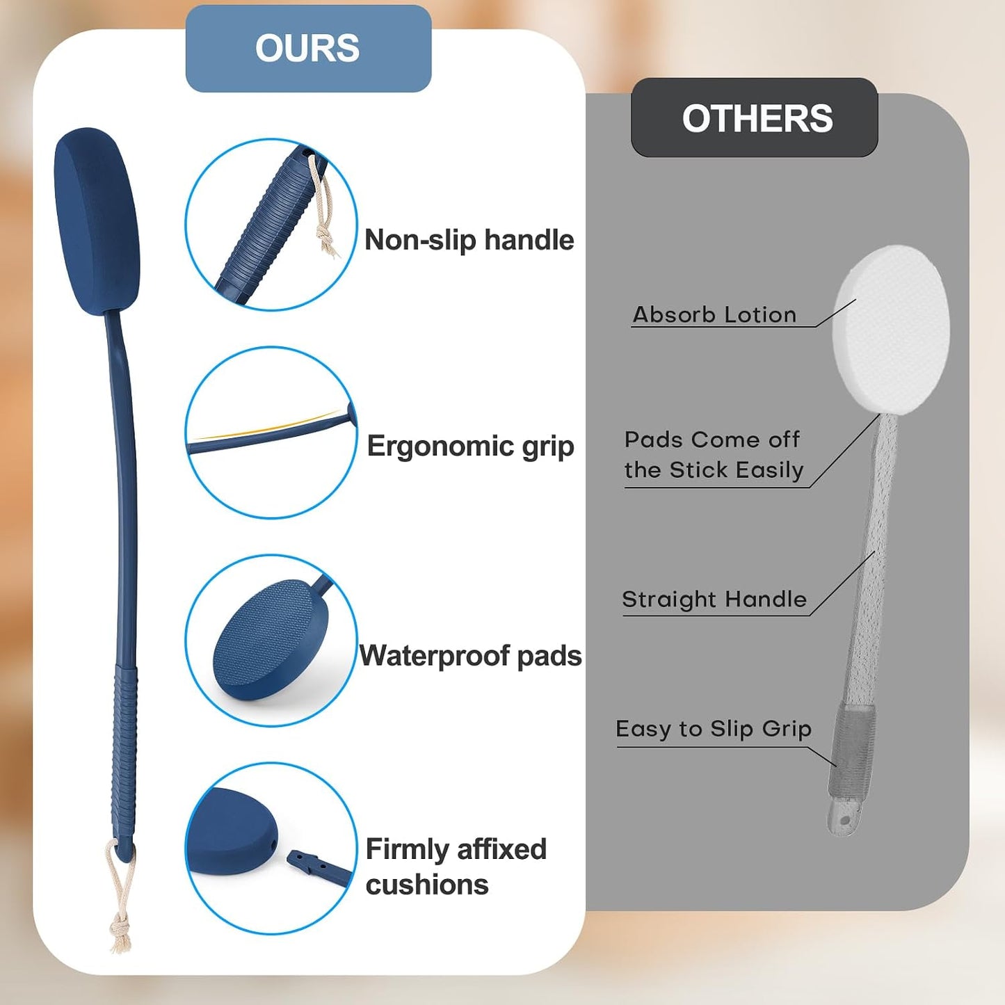 Lotion Applicator for Back, Feet &amp; Legs with Long Plastic Handle, Back Moisturizer Cream, Self Tanning, Sunscreen, Ointment, Medicine Applicator for Elderly, Men or Women with 3 Washable Pads (Blue)