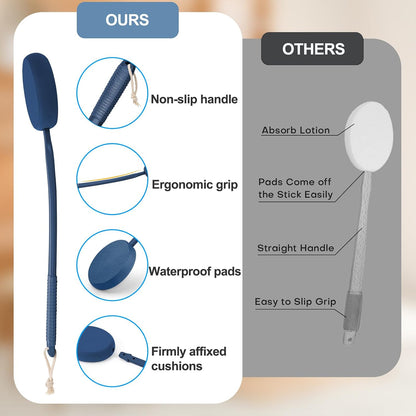 Lotion Applicator for Back, Feet &amp; Legs with Long Plastic Handle, Back Moisturizer Cream, Self Tanning, Sunscreen, Ointment, Medicine Applicator for Elderly, Men or Women with 3 Washable Pads (Blue)