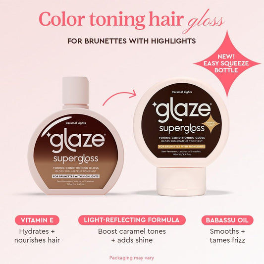 Glaze Supergloss Color Conditioning Gloss – Hydrating Semi-Permanent Colour Hair Gloss &amp; Shine Boost – Colour Depositing Mask - Vegan, Cruelty-Free – 190ml - Caramel Lights - Warm Caramel Toner