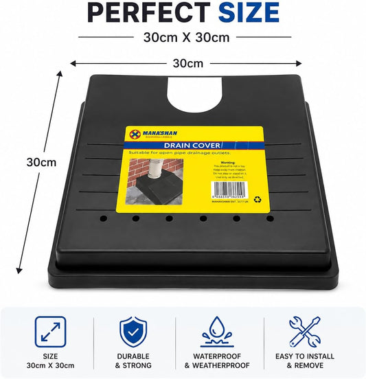 30cm x 30cm Drain Cover for Outdoor Drain Pipes | Heavy Duty Weatherproof Plastic Drain Protector | Prevents Leaves, Dirt &amp; Blockages | Easy Install Square Downpipe Drain Guard for Garden (1)