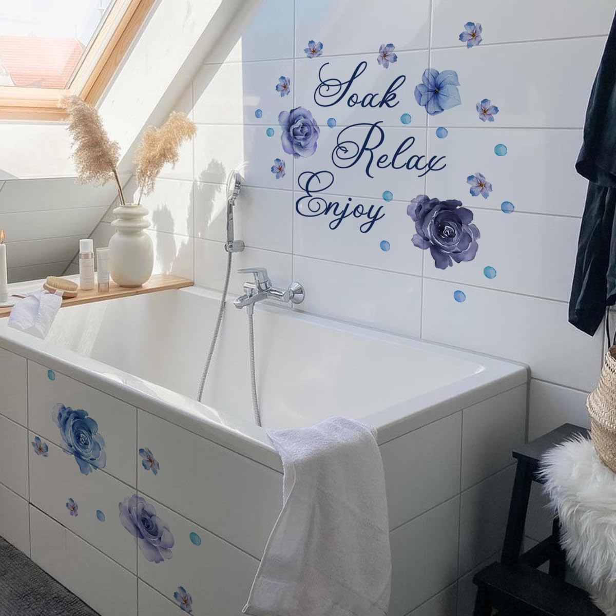 Soak Relax Enjoy Wall Sticker -Inspirational Quotes Decals, Waterproof Rose Flower Wall Art for Home Bathroom Decor 30 * 60 cm (Purple)