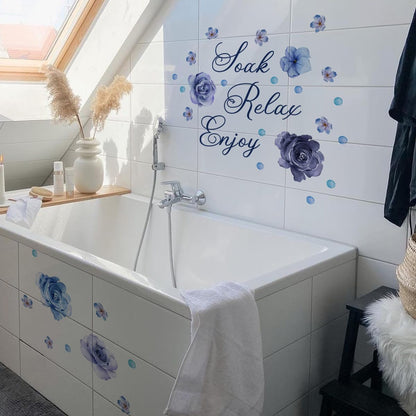 Soak Relax Enjoy Wall Sticker -Inspirational Quotes Decals, Waterproof Rose Flower Wall Art for Home Bathroom Decor 30 * 60 cm (Purple)