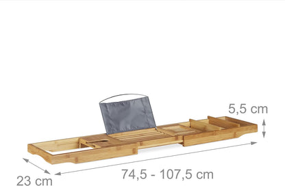 Relaxdays Bamboo Bathtub Caddy, Wooden Bathroom Rack with Bookstand, Extendable, HWD: 19 x 107.5 x 23 cm, Natural